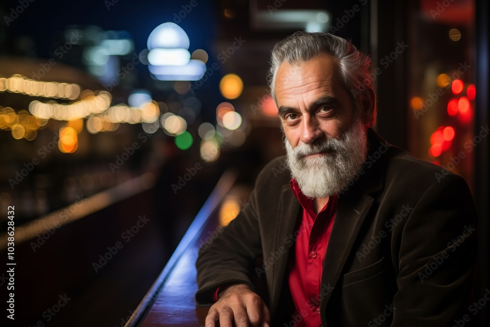 Handsome senior man with long gray beard sitting in a bar at night Handsome senior man with long gray beard sitting in a bar at night