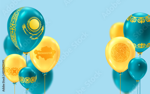 Blue and yellow balloons with traditional kazakh ornament, eagel, sun and shanyrak on a light blue background. Template for greeting card, banner to Republic day, Independence day of Kazakhstan