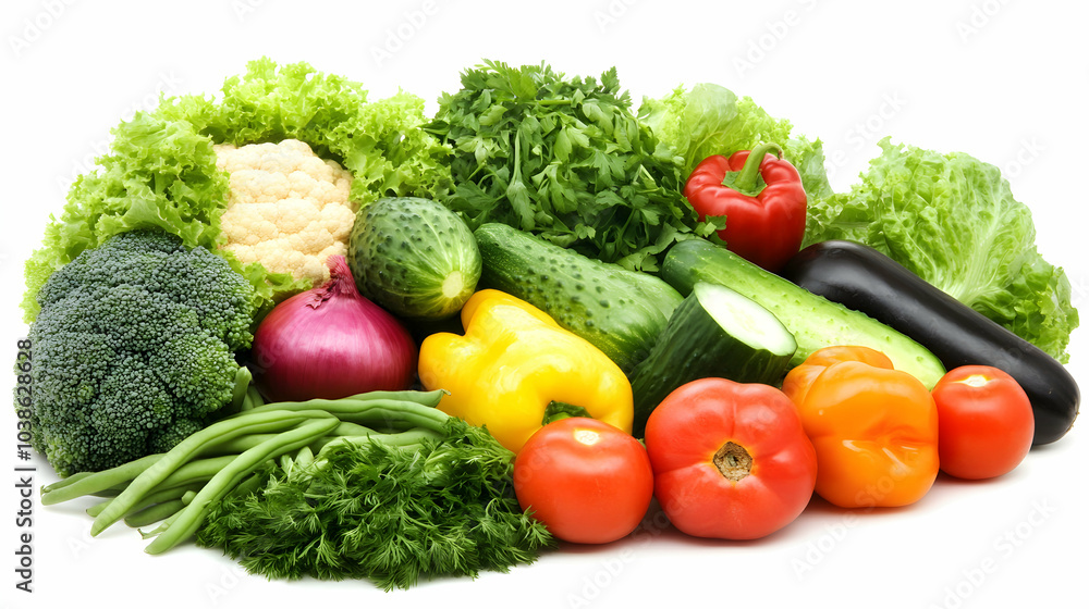 A fresh and vibrant selection of vegetables on a white background. A fresh and vibrant selection of vegetables on a white background.