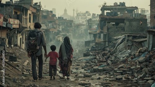 A family living in a rundown urban area, visibly struggling with poverty, surrounded by dilapidated buildings photo