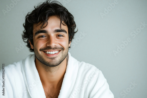 Young handsome man over isolated white background in a bathrobe