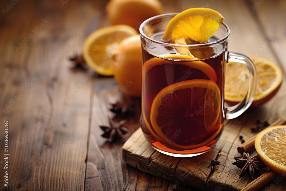 Glass of mulled wine with orange slices and spices on a wooden table
Glass of mulled wine with orange slices and spices on a wooden table