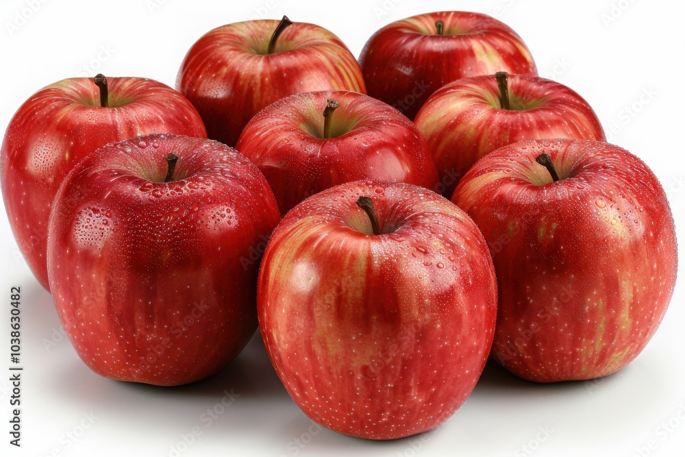 Cluster of fresh red apples with water droplets on a white background
Cluster of fresh red apples with water droplets on a white background