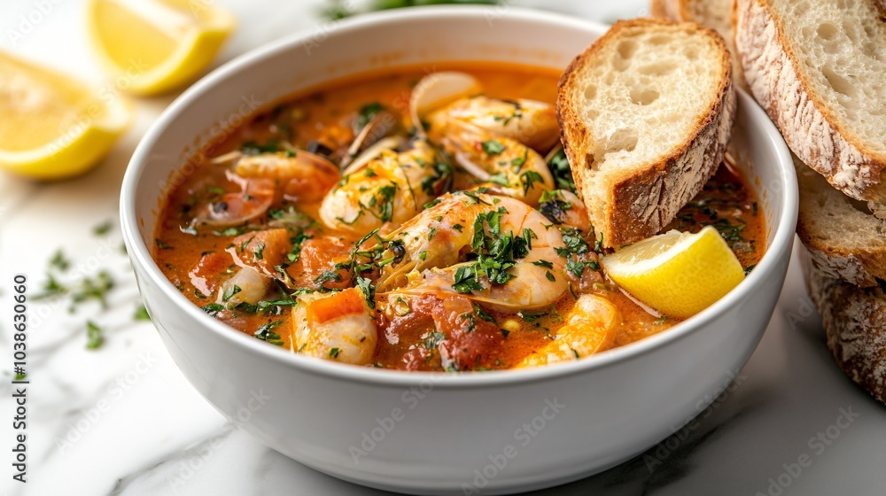 Bouillabaisse soup in a deep white ceramic bowl, isolated on a marble background, garnished with fresh herbs, lemon wedges, and rustic bread slices on the side, with soft shadows Bouillabaisse soup in a deep white ceramic bowl, isolated on a marble background, garnished with fresh herbs, lemon wedges, and rustic bread slices on the side, with soft shadows