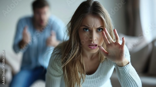 A frightened woman cowering as her partner raises a hand in anger, capturing the fear of domestic violence