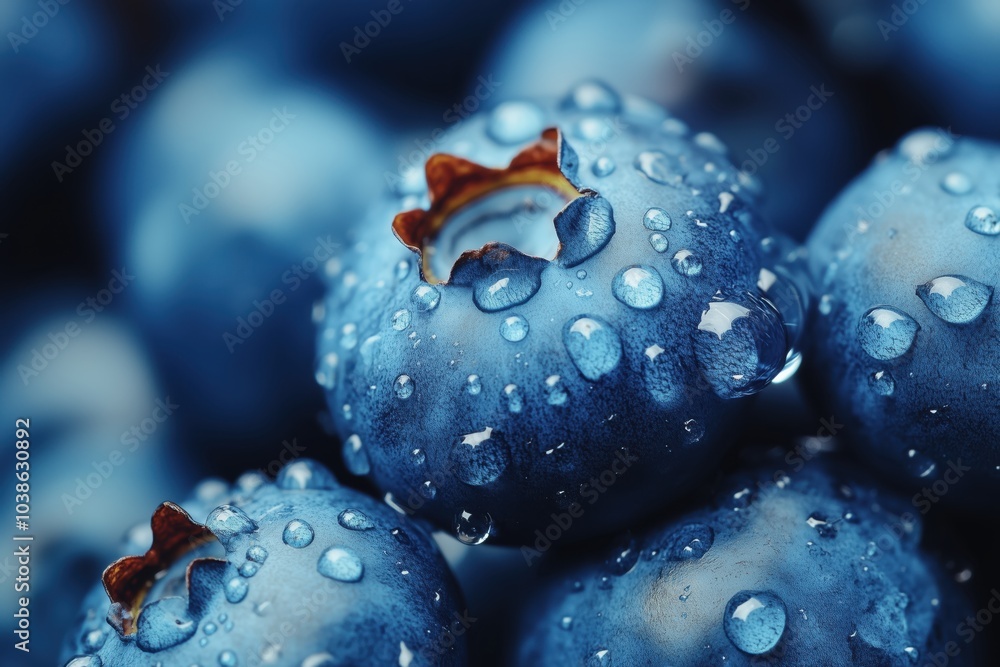 Macro view of dew-covered blueberries through a microscope lens in nature's art. Generative AI Macro view of dew-covered blueberries through a microscope lens in nature's art. Generative AI