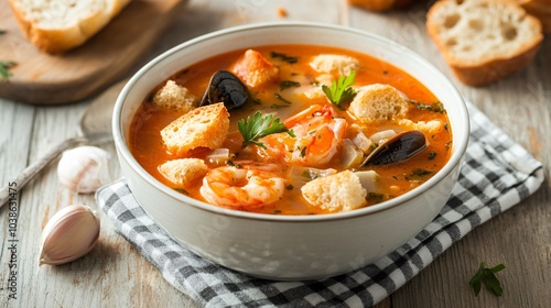 Bouillabaisse soup with garlic croutons, placed on a traditional French checkered napkin, isolated on a light oak wood surface