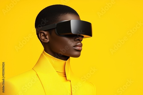 A man in a striking yellow suit dons VR goggles in a surreal bright setting. Generative AI