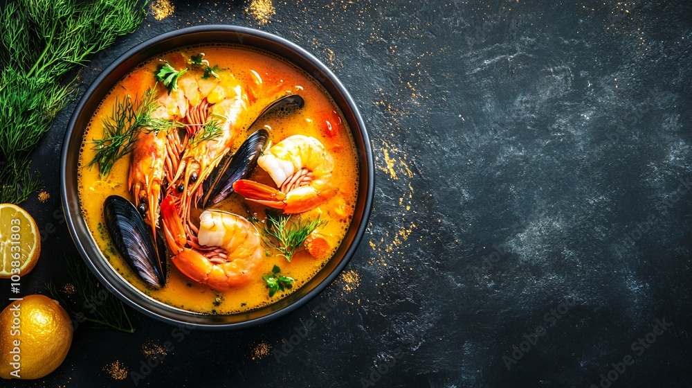 Bouillabaisse with a golden broth, garnished with shrimp, mussels, and fennel, on a dark slate background with gold accents Bouillabaisse with a golden broth, garnished with shrimp, mussels, and fennel, on a dark slate background with gold accents
