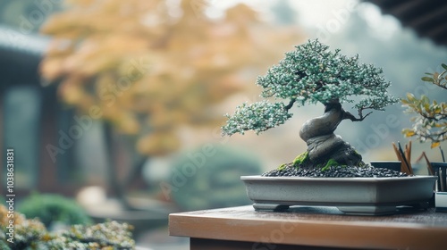 A tranquil bonsai garden with meticulously shaped miniature trees, Bonsai tools arranged with zen-like precision, Japanese garden style photo