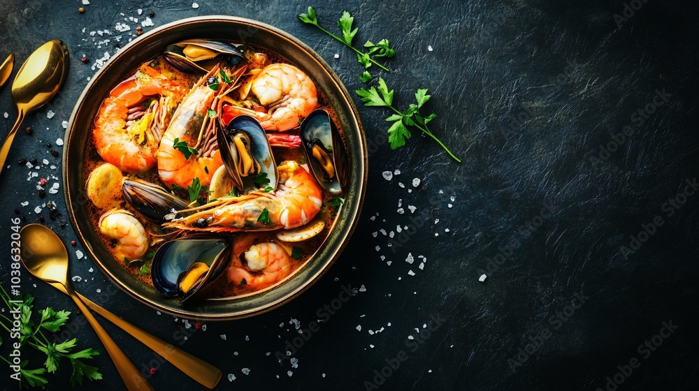 Close-up of Bouillabaisse soup with rich saffron broth, decorated with clams, shrimp, and mussels, against a dark charcoal backdrop with gold utensils and scattered sea salt grains Close-up of Bouillabaisse soup with rich saffron broth, decorated with clams, shrimp, and mussels, against a dark charcoal backdrop with gold utensils and scattered sea salt grains