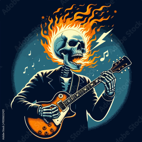 skeleton is playing a guitar with flames coming out of his mouth. The image has a dark and eerie mood, with the skeleton's skeleton-like appearance and the flames adding to the ominous