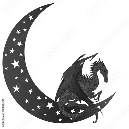 dragon perched on a crescent moon grayscale illustration