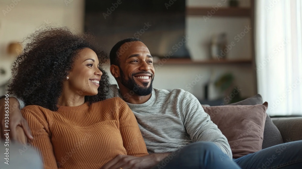 Fototapeta premium A happy couple sitting on their new sofa in a cozy living room, enjoying a moment together after a furniture shopping trip.