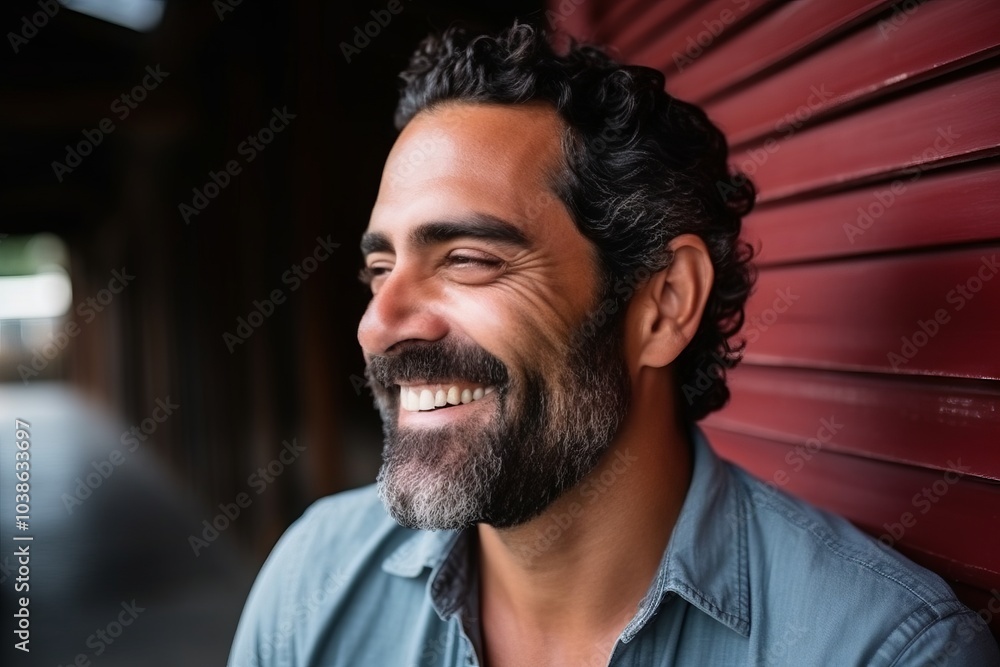 Portrait of a handsome man smiling against a red wooden wall outdoors Portrait of a handsome man smiling against a red wooden wall outdoors