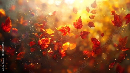 The image captures a beautiful autumn scene featuring falling leaves, predominantly in shades of red and orange. The leaves appear to be gently swirling through the air, illuminated by a warm, soft li