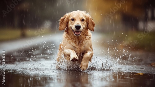 Wallpaper Mural Happy Dog Splashing in Rainy Puddle Torontodigital.ca