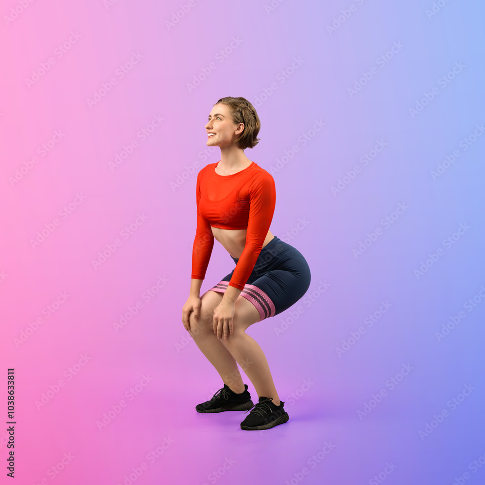 Full body length gaiety shot athletic and sporty young woman with fitness elastic resistance band in squat exercise posture on isolated background. Healthy active and body care lifestyle. Full body length gaiety shot athletic and sporty young woman with fitness elastic resistance band in squat exercise posture on isolated background. Healthy active and body care lifestyle.