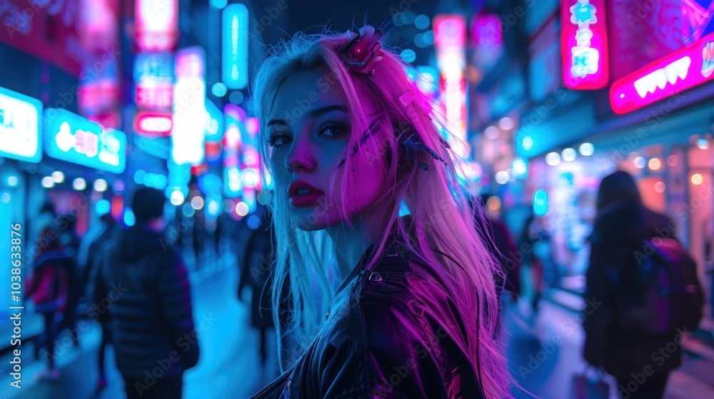 Futuristic cyberpunk woman on busy night street with neon lights, AI generated image Futuristic cyberpunk woman on busy night street with neon lights, AI generated image