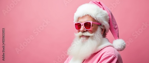 portrait of santa claus in glasses with pink solid background