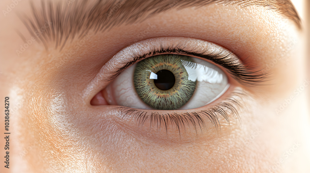 Close-up view of a human eye showcasing intricate details and unique colors under natural light in a calm setting Close-up view of a human eye showcasing intricate details and unique colors under natural light in a calm setting
