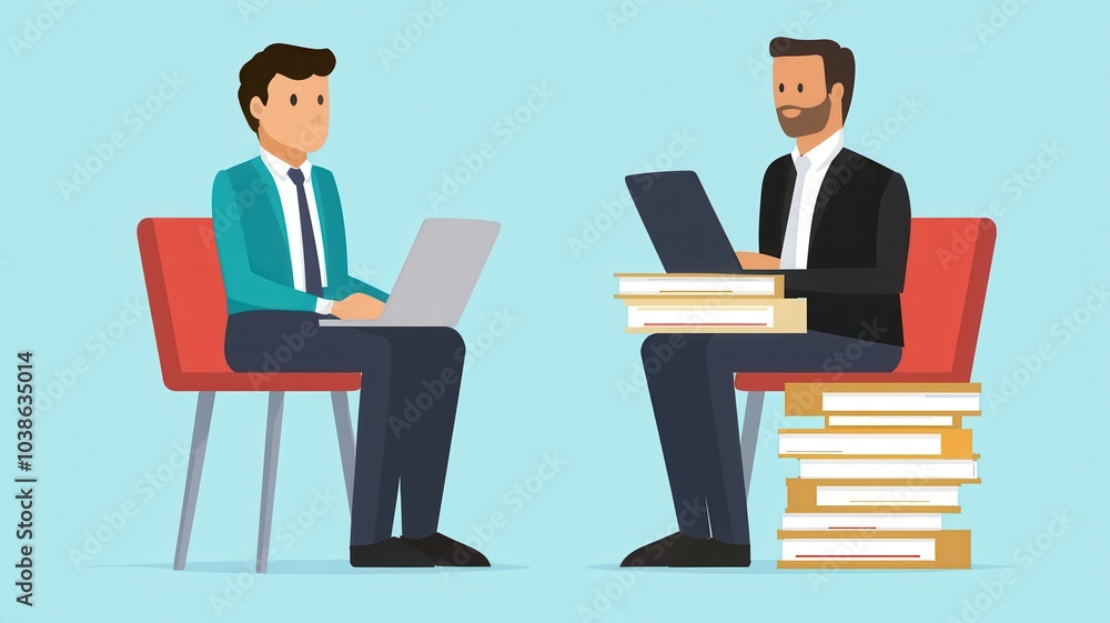 Two professionals are engaged in work; one uses a laptop while the other studies books, symbolizing collaboration and knowledge sharing in a modern office setting. Two professionals are engaged in work; one uses a laptop while the other studies books, symbolizing collaboration and knowledge sharing in a modern office setting.