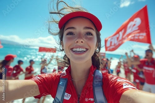 Cheerful runner crossing finish line with joy during vibrant beachside race. Generative AI photo