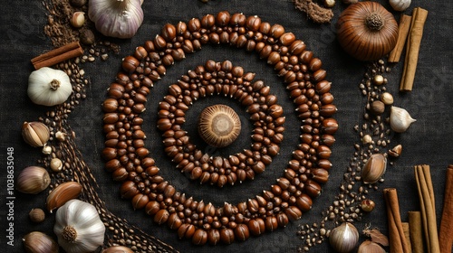 Chestnuts arranged in a spiral pattern, isolated on a dark fabric backdrop, with decorative cinnamon sticks and garlic bulbs photo