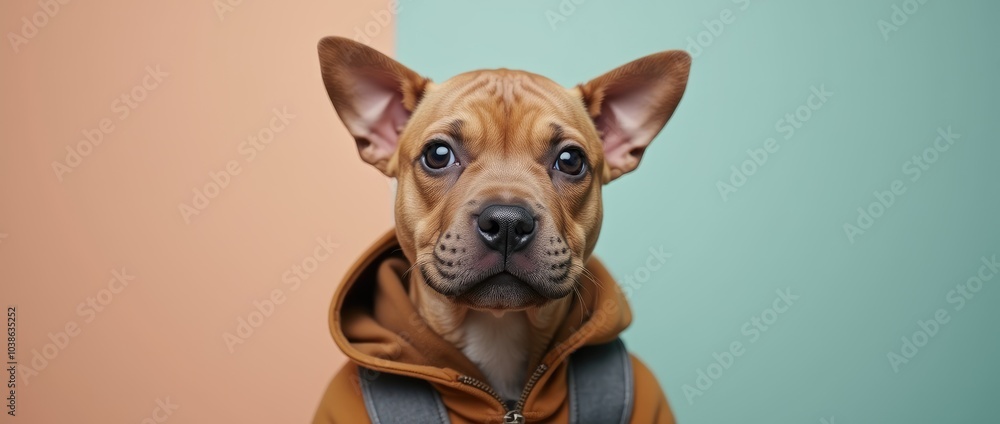 Obraz premium american bully wearing human clothing solid color background studio style portrait photo