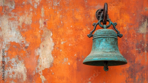 Bronze bell against a distressed orange wall, patina and worn surfaces capturing the essence of history and aged beauty.