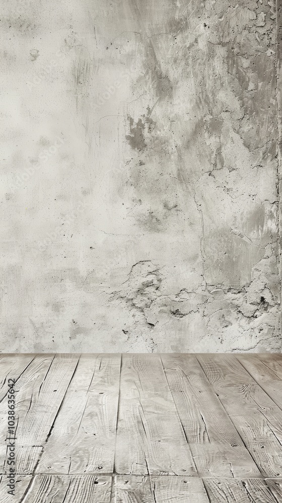 A rustic concrete wall with a weathered wooden floor, perfect for vintage or industrial design themes. A rustic concrete wall with a weathered wooden floor, perfect for vintage or industrial design themes.