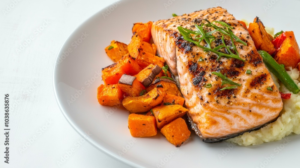 Whole compliant meal of grilled salmon, roasted vegetables, and sweet potato mash Whole compliant meal of grilled salmon, roasted vegetables, and sweet potato mash