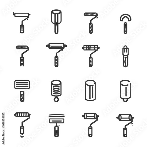 Hand Drawn Black and White Icons of Paint Rollers