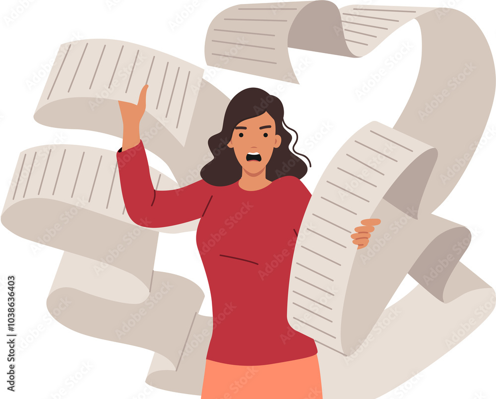 Problem of large bills to pay upsets aggressive woman holding long paper check. Girl has panic attack due to unfair tax bills or overload with routine tasks that require constant attention.