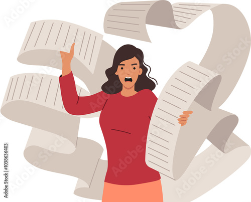 Obraz na płótnie Problem of large bills to pay upsets aggressive woman holding long paper check. Girl has panic attack due to unfair tax bills or overload with routine tasks that require constant attention. w salonie