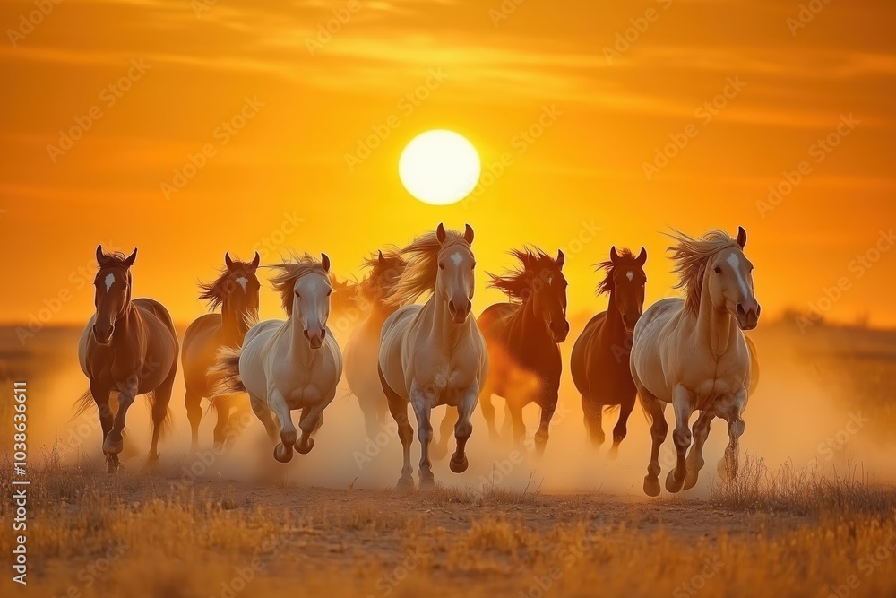 Fototapeta premium Dust Clouds and Wild Horses at Sunset