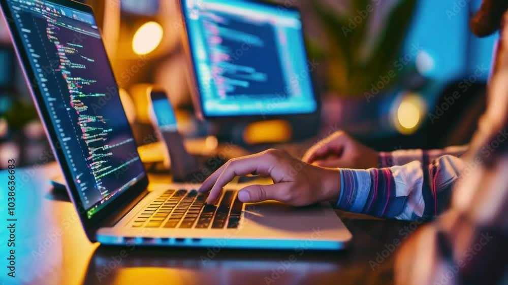A person coding on a laptop in a dimly lit environment with another screen in the background. A person coding on a laptop in a dimly lit environment with another screen in the background.
