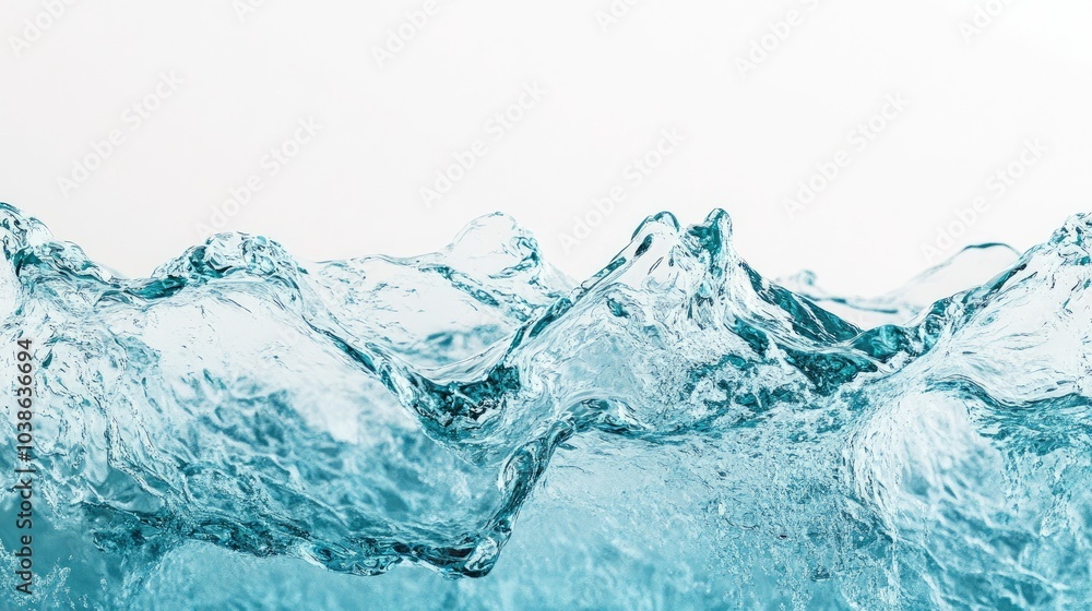 Close-up of a single turquoise sea wave, textured with ripples, frozen against a white background, evoking oceanic energy Close-up of a single turquoise sea wave, textured with ripples, frozen against a white background, evoking oceanic energy