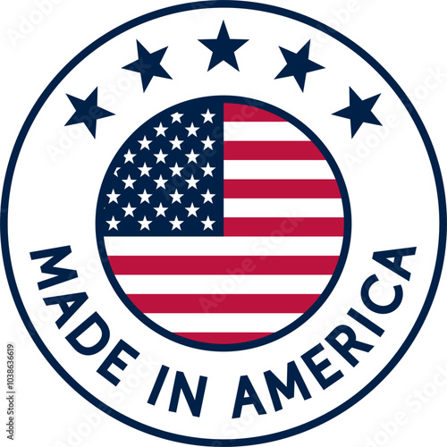 Made in America badge or icon symbolizing the quality and origin of the products from the USA. Sans serif font.  svg scalable vector for the web. High resolution. 