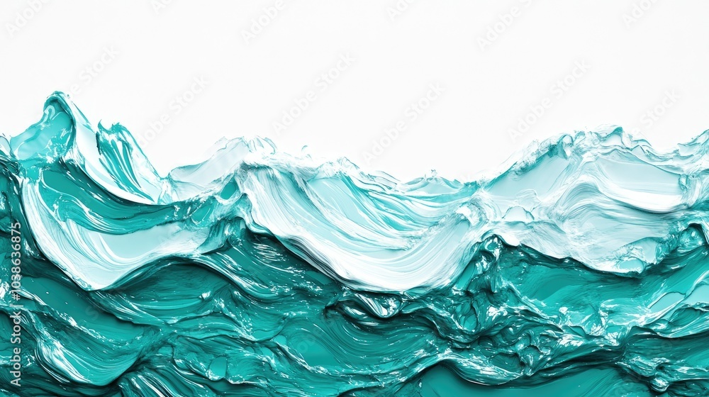 Close-up of a textured turquoise wave breaking against a white background, blending fluid motion with serene colors Close-up of a textured turquoise wave breaking against a white background, blending fluid motion with serene colors
