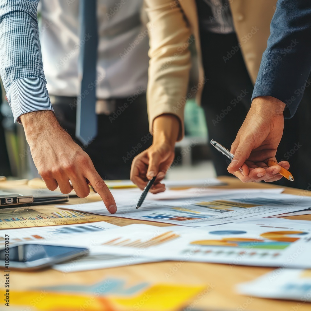 Group of confident business people point to graphs and charts to analyze market data, balance sheet, account, net profit to plan new sales strategies to increase production capacity. Group of confident business people point to graphs and charts to analyze market data, balance sheet, account, net profit to plan new sales strategies to increase production capacity.