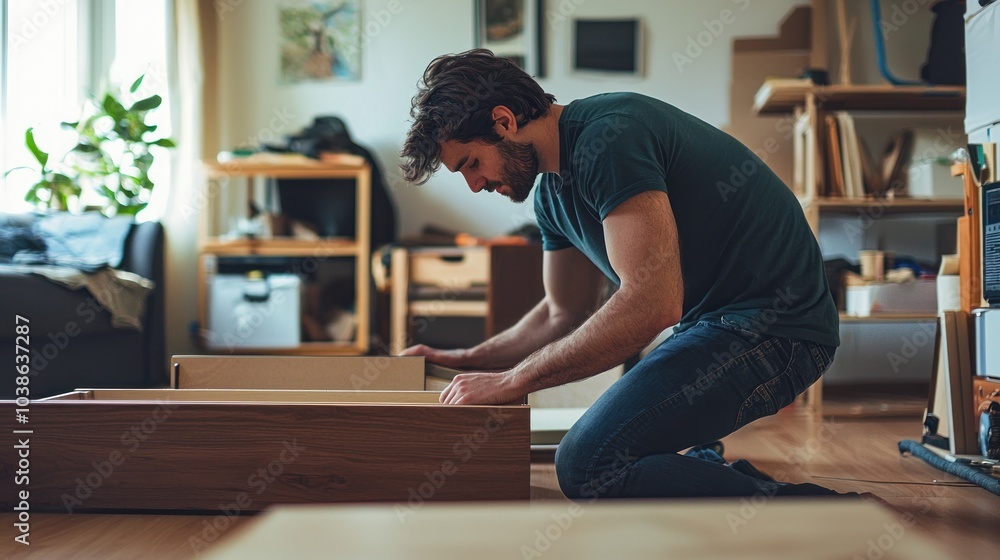 A man assembling new furniture in his living room, focused and determined to create the perfect setup. A man assembling new furniture in his living room, focused and determined to create the perfect setup.