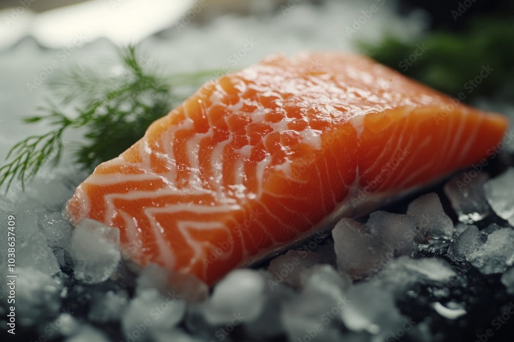 Fresh salmon fillet on ice with a green garnish. A mouthwatering sight that captures the essence of high-quality seafood. Perfect for culinary presentations. Generative AI Fresh salmon fillet on ice with a green garnish. A mouthwatering sight that captures the essence of high-quality seafood. Perfect for culinary presentations. Generative AI