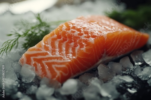 Fresh salmon fillet on ice with a green garnish. A mouthwatering sight that captures the essence of high-quality seafood. Perfect for culinary presentations. Generative AI photo