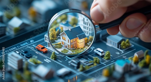 Magnifying glass focusing on a miniature house model in a neighborhood layout, highlighting real estate analysis and property search concept.