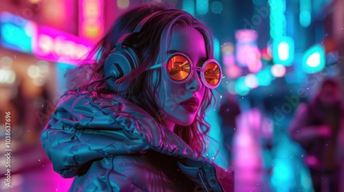 Futuristic cyberpunk woman on busy night street with neon lights, AI generated image