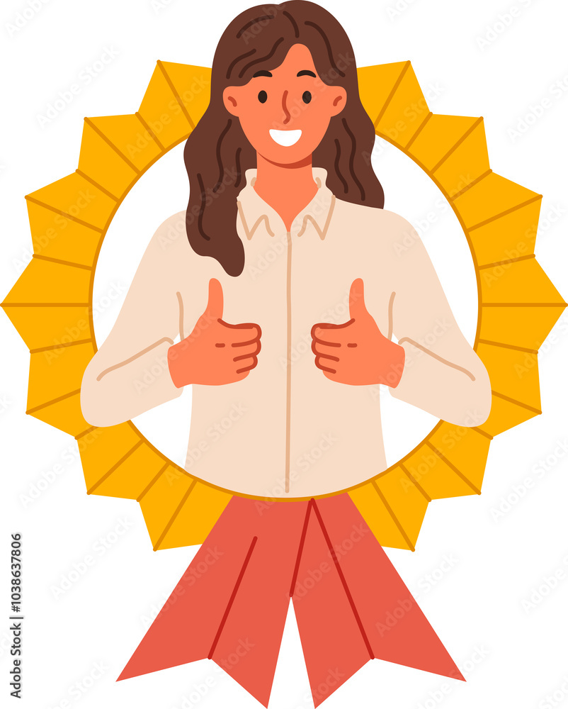 Best employee of month woman shows thumbs up while looking out of medal received for professional achievements. Award for best employee from businesswoman motivating good employees of company