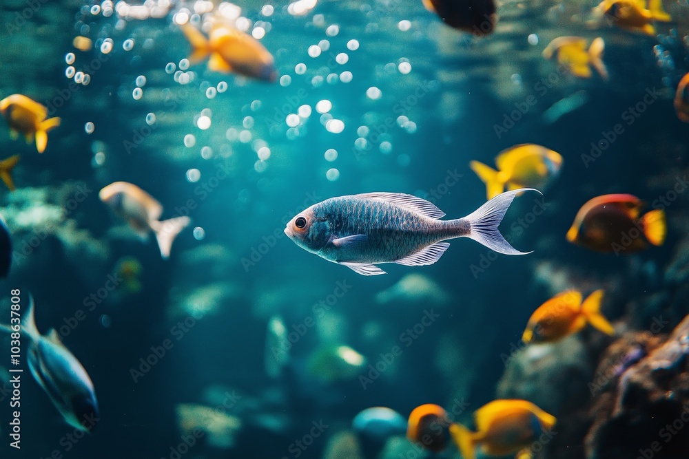 A lively fish swims through clear blue waters, teeming with vibrant underwater life, in a dazzling aquatic display. A lively fish swims through clear blue waters, teeming with vibrant underwater life, in a dazzling aquatic display.