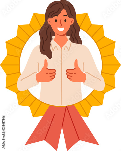 Obraz na płótnie Best employee of month woman shows thumbs up while looking out of medal received for professional achievements. Award for best employee from businesswoman motivating good employees of company w salonie