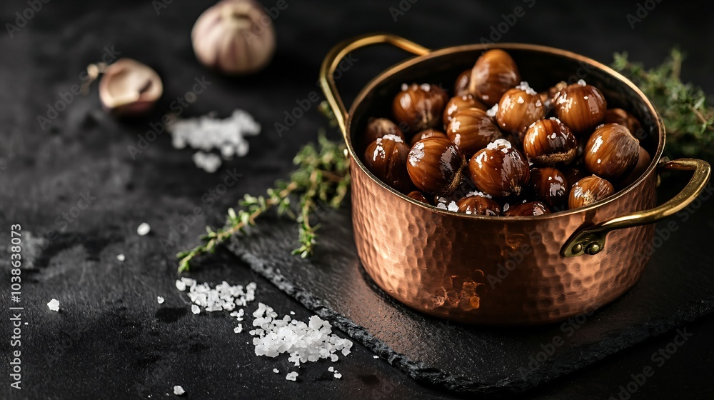 Roasted chestnuts in a copper pot, isolated on a black slate background, with a side of sea salt and thyme sprigs Roasted chestnuts in a copper pot, isolated on a black slate background, with a side of sea salt and thyme sprigs